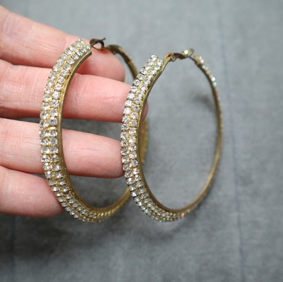 Kitson double tier cascading rhinestone pave hoop statement earrings gold Large - Picture 3 of 8